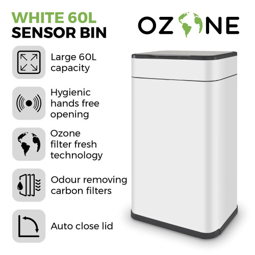 Tower Tower Ozone Sensor Bin, 60L, Hands Free Opening, Carbon Filter, White T938023WHT 2