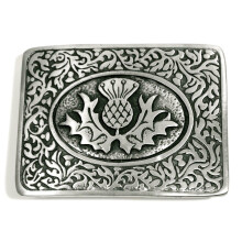 Brushed Pewter Scottish Celtic Thistle with Leaves Kilt Belt Buckle