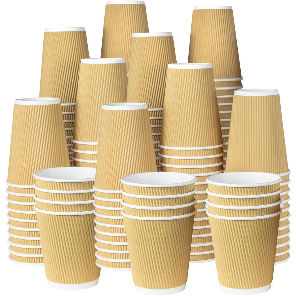 (12oz (Pack of 100)) ECONX 16oz Takeaway Coffee Cups Disposable Paper Coffee Cups Triple Walled Insulated Brown Takeaway Ripple Cups