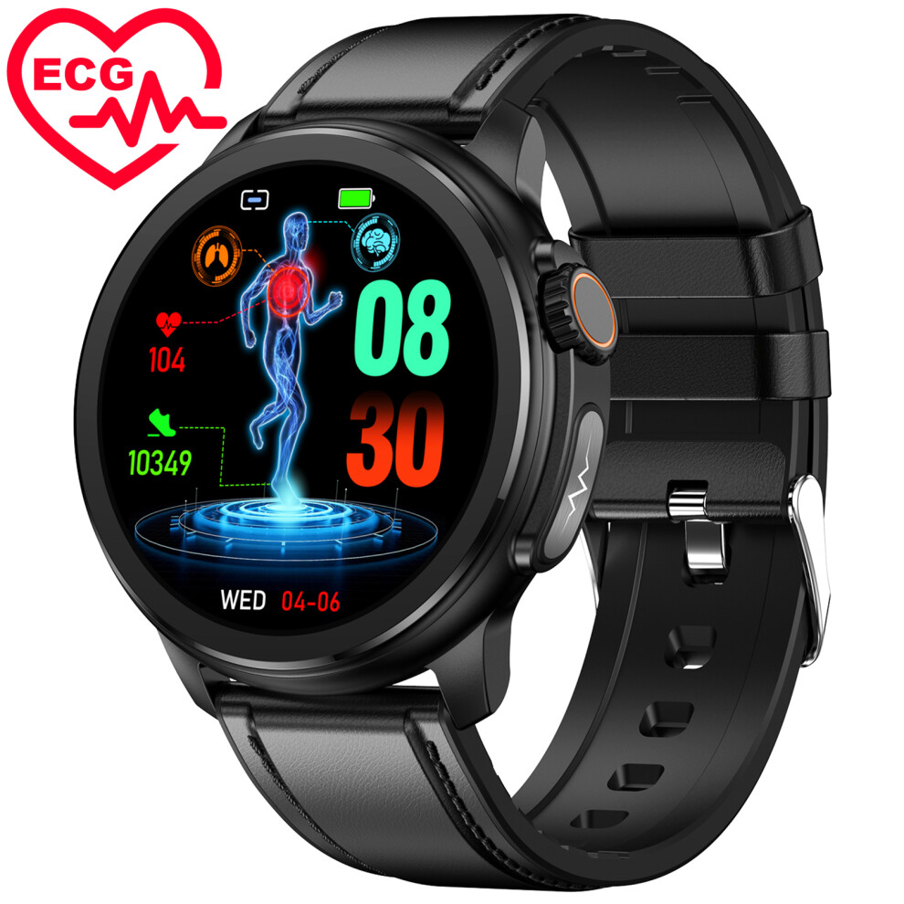 (Black Leather) Smart Watch Blood Glucose Lipid Uric Acid Monitor AMOLED Screen Bluetooth Call Smartwatch Waterproof