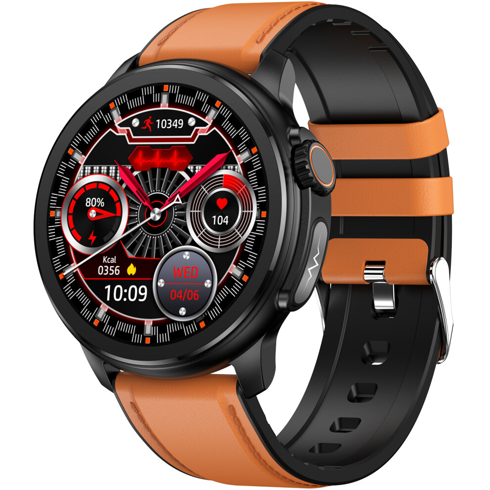 (Brown Leather) Smart Watch Blood Glucose Lipid Uric Acid Monitor AMOLED Screen Bluetooth Call Smartwatch Waterproof