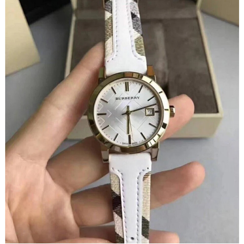 BURBERRY BU9110 WOMEN'S WATCH WHITE STRAP WHITE DIAL GOLD CASE