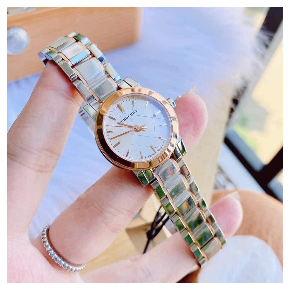 BURBERRY BU9205 WOMEN'S WATCH SILVER ROSE GOLD BRACELET WHITE DIAL