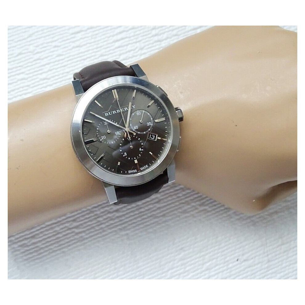 BURBERRY BU9362 MEN'S WATCH BLACK LEATHER STRAP GREY DIAL SILVER CASE