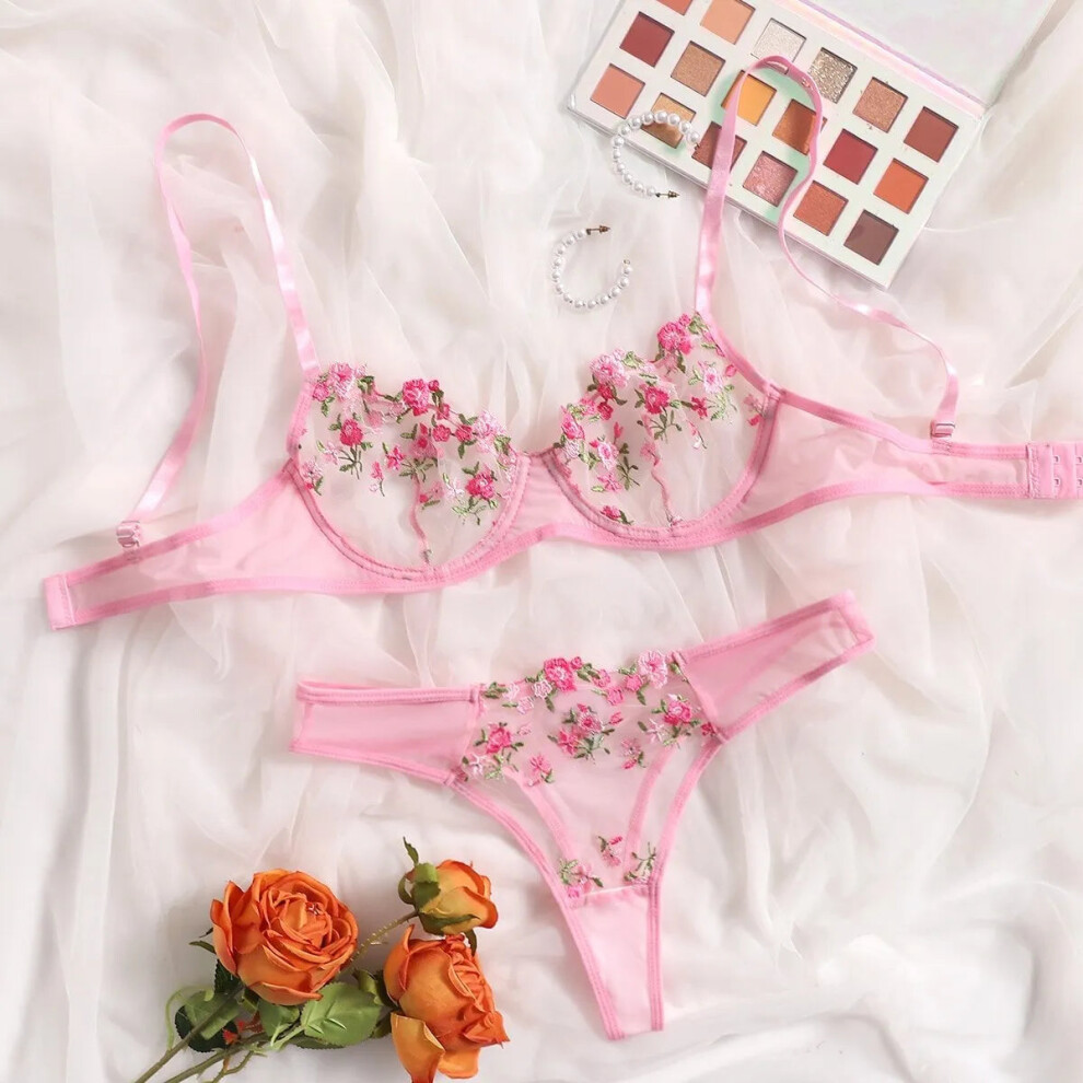 (Pink, L) 2pcs Lingerie Set Sexy Floral Embroidery Underwear Transparent Lace-image-OPC-PFCKXCT-NEW