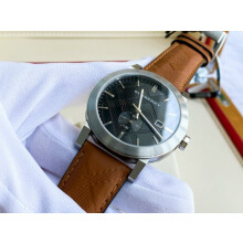 BURBERRY BU9905 MENS WATCH BROWN LEATHER STRAP BLACK DIAL SILVER CASE