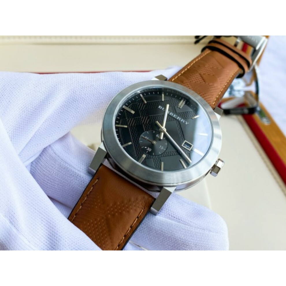 BURBERRY BU9905 MENS WATCH BROWN LEATHER STRAP BLACK DIAL SILVER CASE
