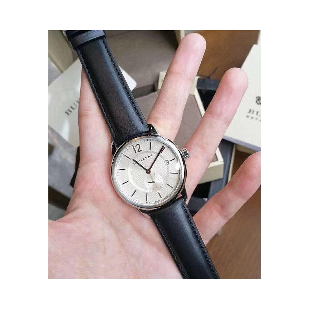 BURBERRY BU10000 MENS WATCH BLACK LEATHER STRAP BEIGE DIAL SILVER CASE