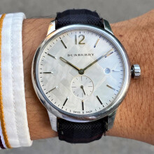 BURBERRY BU10008 MENS WATCH BLACK STRAP BEIGE DIAL SILVER CASE