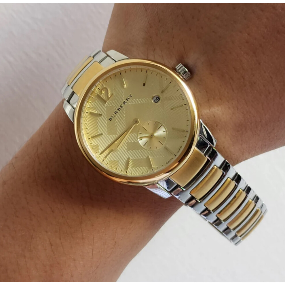BURBERRY BU10011 MENS WATCH SILVER GOLD BRACELET GOLD DIAL SILVER CASE