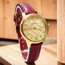 BURBERRY BU10102 WOMENS WATCH RED LEATHER STRAP GOLD DIAL GOLD CASE