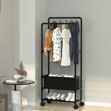 Double Rod Compact Clothes Rack with Wheels and Laundry Basket 148cm