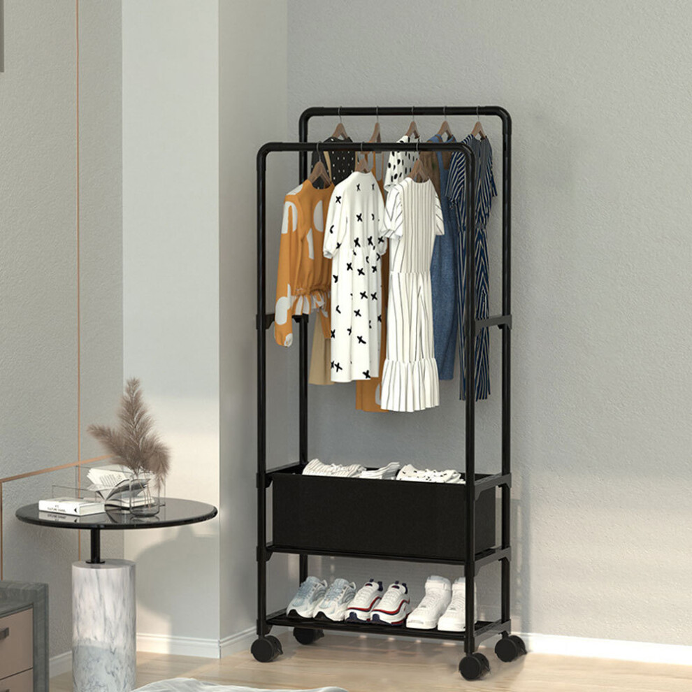 Double Rod Compact Clothes Rack with Wheels and Laundry Basket 148cm