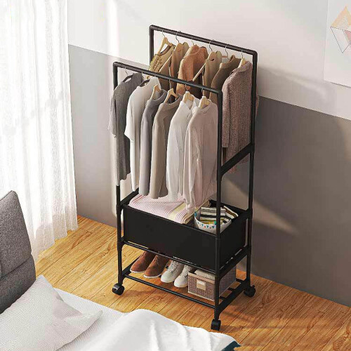 Living And Home Double Rod Compact Clothes Rack with Wheels and Laundry Basket 148cm 1