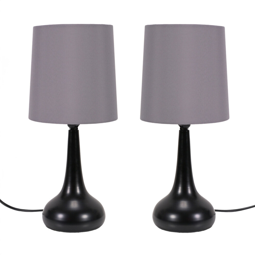 ValueLights Teardrop Pair of Black Touch Table Lamps with Grey Shade