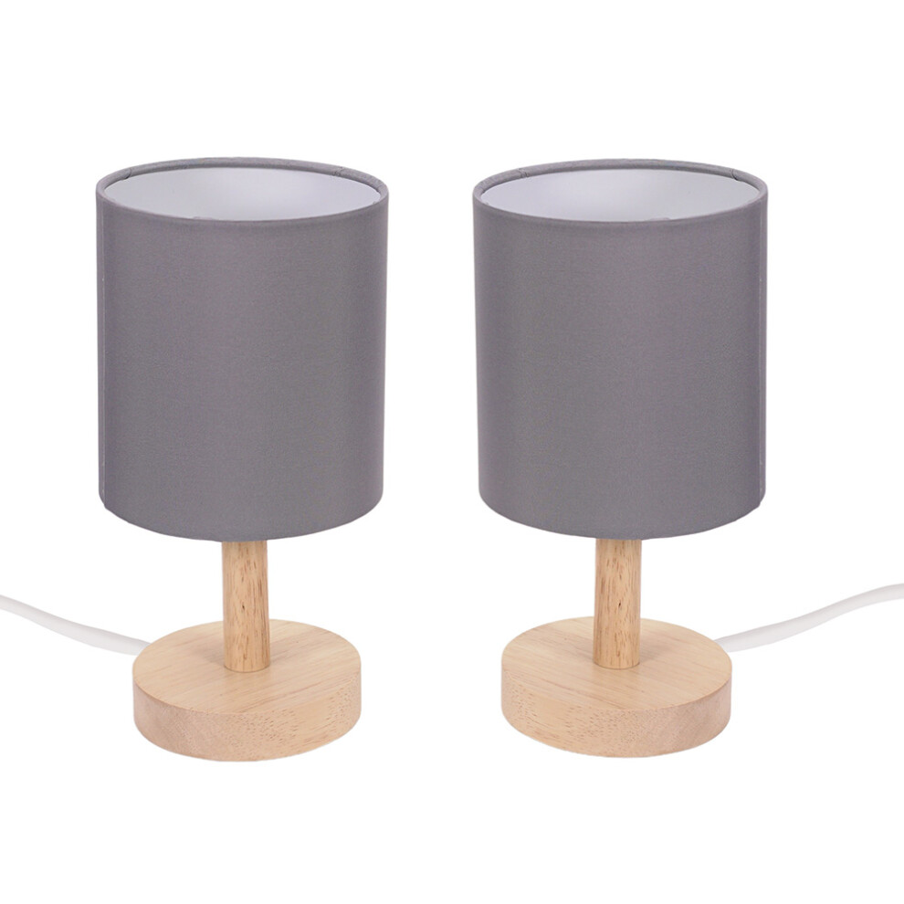 ValueLights Nelly Pair Grey Shade Wooden Bedside Table Lamps & Bulbs