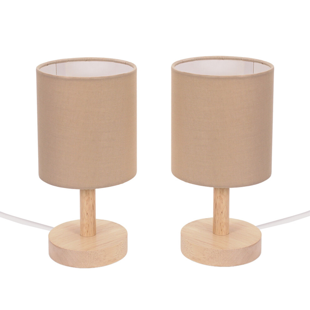 ValueLights Nelly Pair Natural Shade Wood Bedside Table Lamps & Bulbs