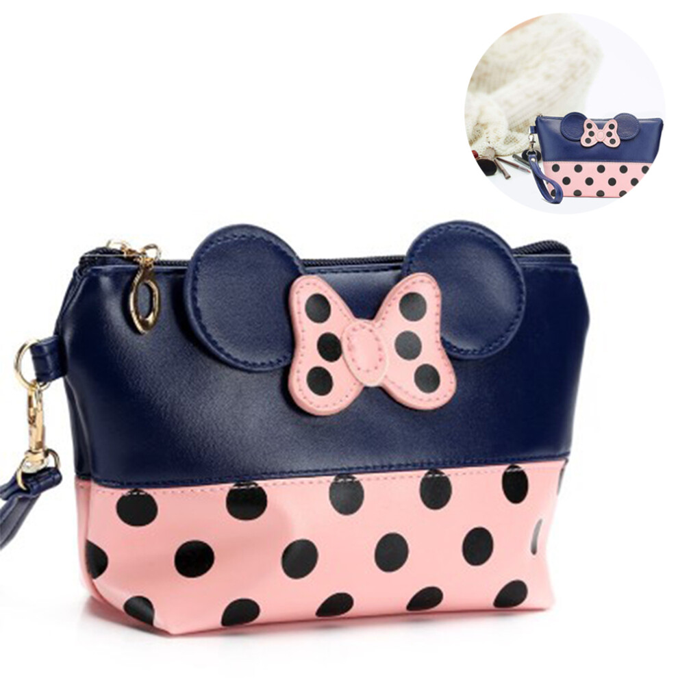 Yohou Blue Leather Travel Makeup Handbag,Portable Cosmetic Bag Toiletry Pouch