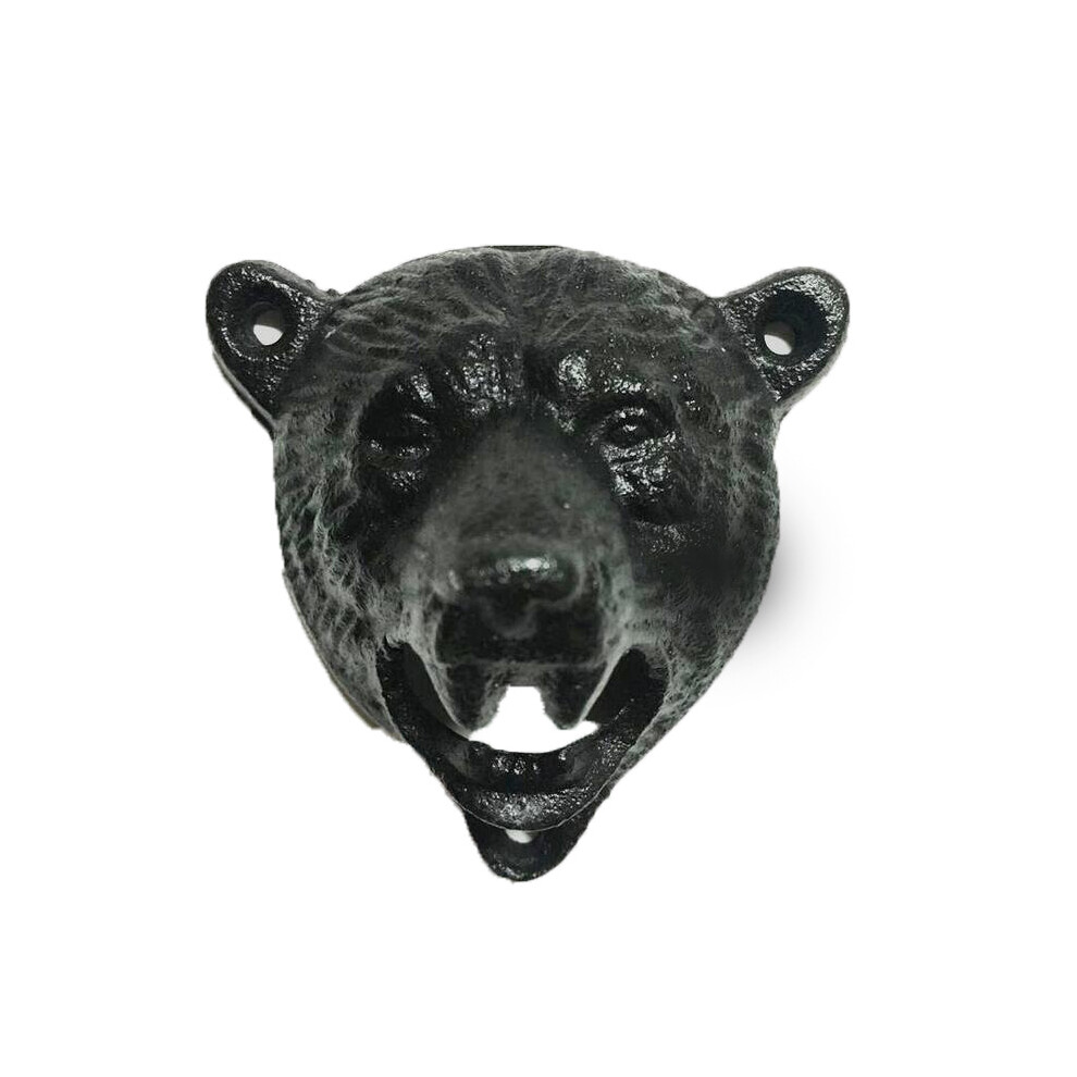 Bear Head Cast Iron Wall Mounted Grizzly Teeth Bite Bottle Opener (Black)