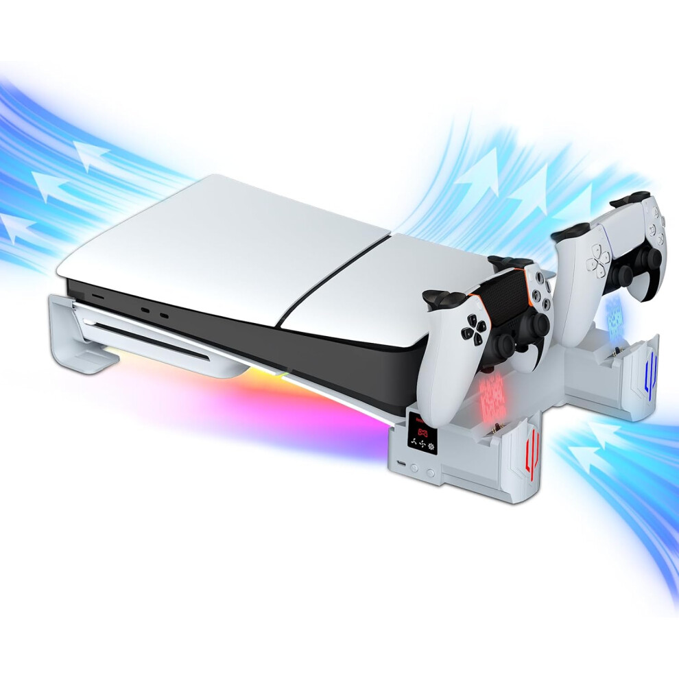 Ultra Slim Horizontal Stand with Dual Controller Charger, PS5 Ultra Slim Accessory Cooling Stand with Multi-Mode RGB Lighting and 3-Tier Cooling Fan