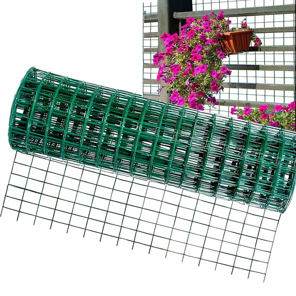 (0.9Mx25M) Garden Decorative Fence Roll Wire Mesh Fencing Roll with 100mmx75mm Mesh Hole Heavy Duty Border PVC Coated Galvanised Steel Green