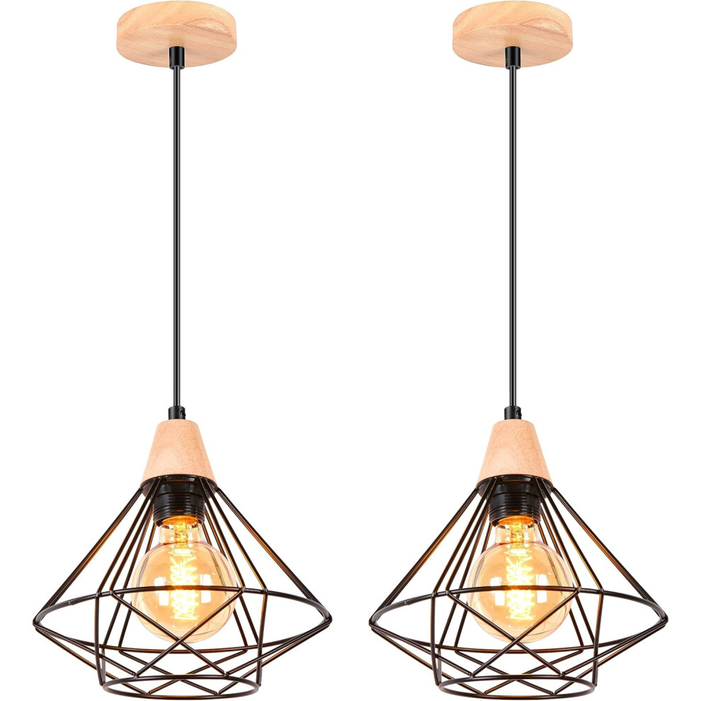 2X Suspension Luminaire Vintage 22CM Lustre Suspension En Bois Et Fer Rétro Plafonnier Design Cage Noir Pour Salon Chambre Cuisine Salle À Manger