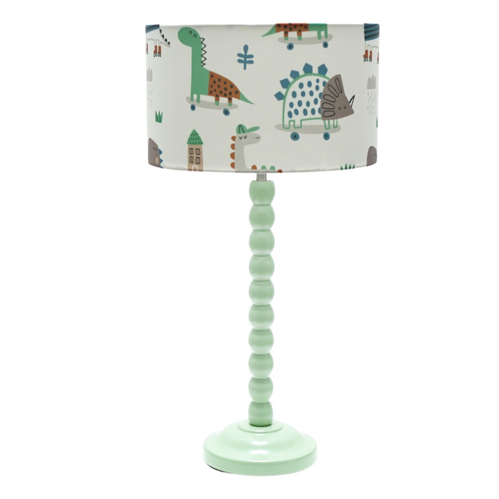 ValueLights Bobbins Sage Green Table Lamp And Cartoon Dino Drum Shade