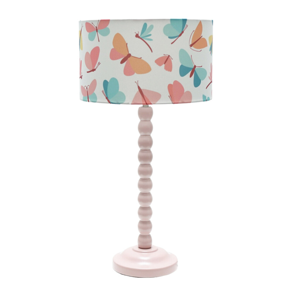 ValueLights Bobbins Rose Pink Table Lamp with Butterfly Drum Shade