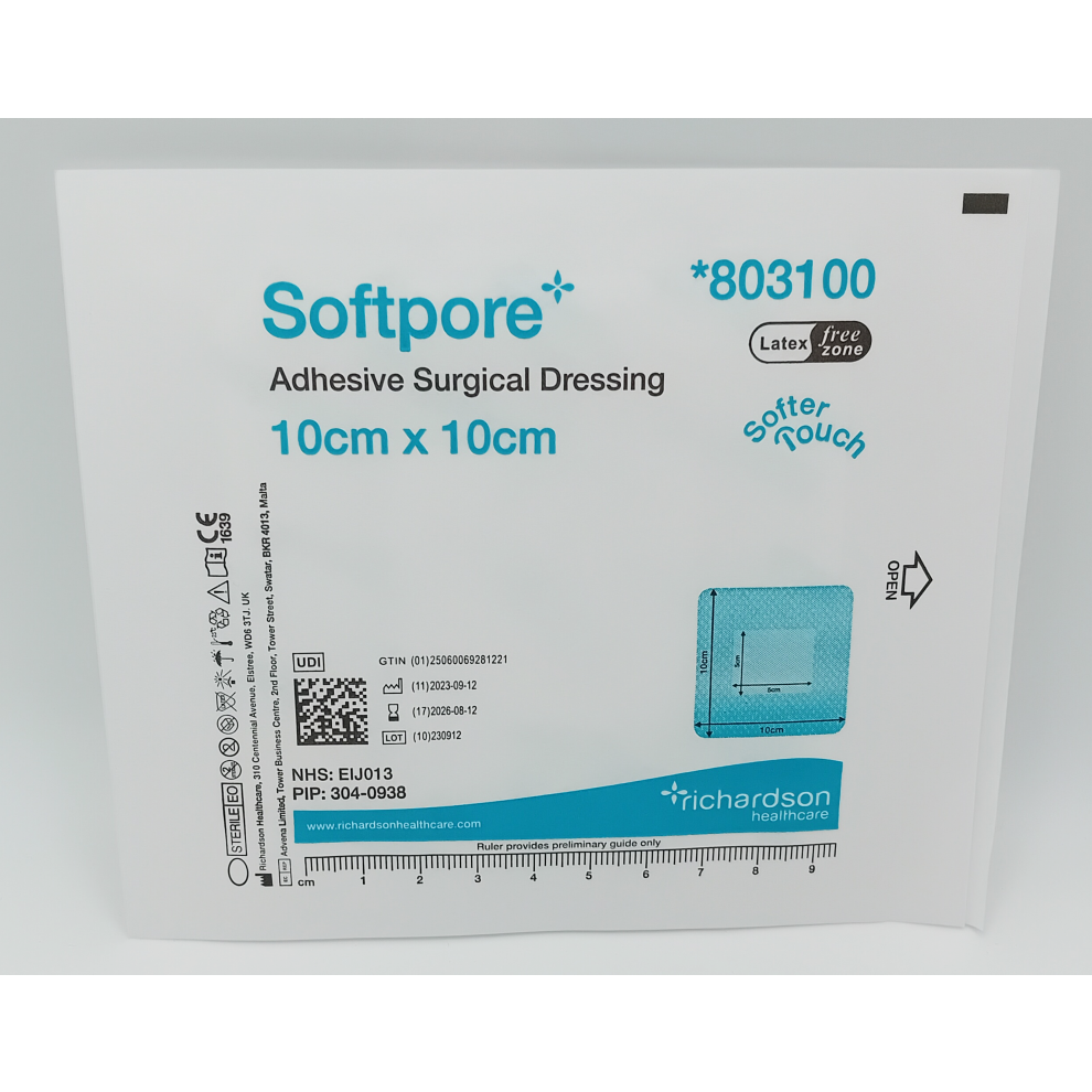 Neil-Richardson Softpore 10Cm X 10Cm Sterile Dressings Pack Of 10 - Soft Adhesive Border, Absorbent Pad, Breathable & Hypoallergenic - Ref R3803100