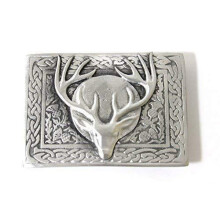 Brushed Pewter Stag and Thistle Celtic Knot Work Belt Kilt Buckle