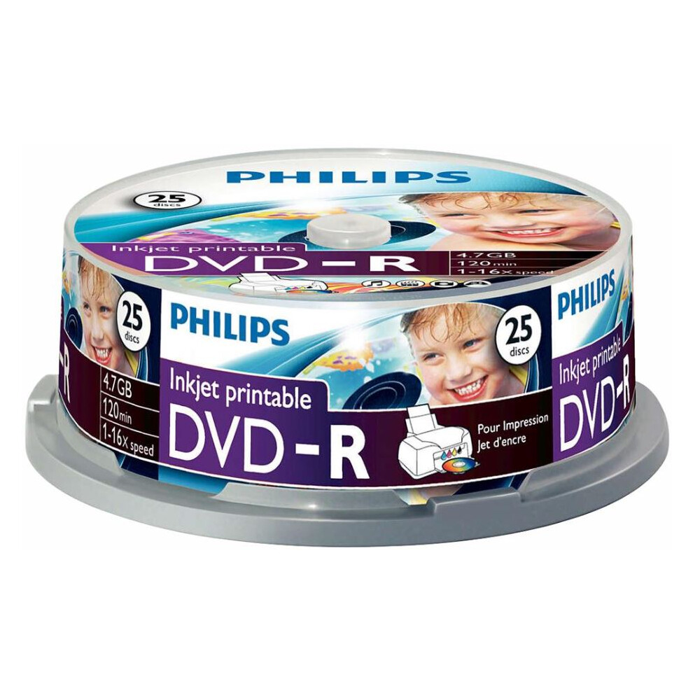 Philips - 16X Speed Inkjet Printable Dvd-R Blank Dvds - Spindle 25 Pack