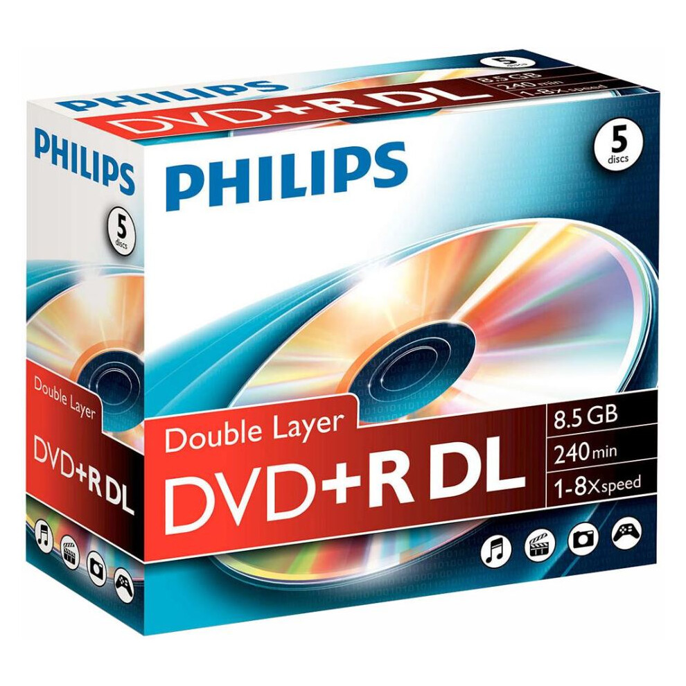 PHILIPS - 8x Speed Double Layer DVD+R DL Blank DVDs - Jewel Case 5 Pack