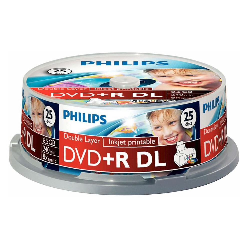 Philips - 8X Speed Inkjet Printable Dvd+R Dl Blanks Dvds - Spindle 25 Pack