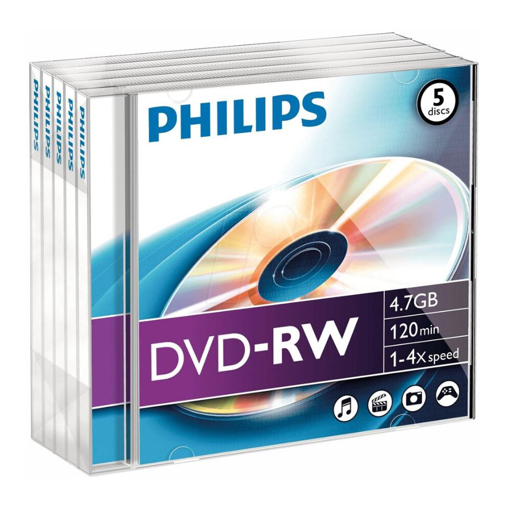 PHILIPS - 4x Speed DVD-RW Blank DVDs - Jewel Case 5 Pack