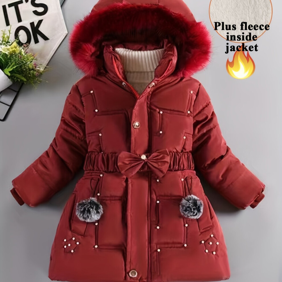 (Red, 3-4Y) Elegant Hooded Winter Coat For Girls, Elastic Waistband With Beads & Bow, Medium-length Warm Padded Jacket