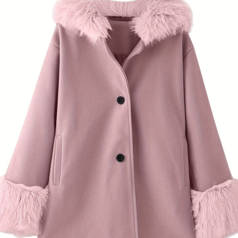 (Pale Pinkish Gray, 9-10Y) Little Girls Furry Hooded Coat Outerwear With Pockets, Fall/ Winter Thick Solid Coats For Kids Girls