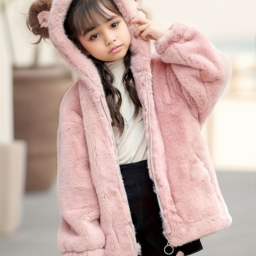 (Pink, 9-10Y) Girls Stylish & Baggy Imitation Mink Fleece Hooded Coat Thickened Warm Winter Outerwear