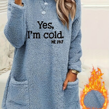 (Light Blue, 10) Yes I'm Cold Print Fleece Pullover Sweatshirt, Casual Long Sleeve Crew Neck Sweatshirt