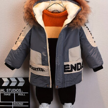 (Dark Gray, 5Y) Boys Color Block Letter Printed Hooded Padded Jacket With Fur Collar, Warm Clothes