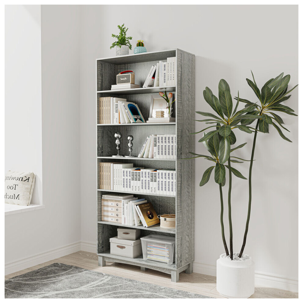 (6-tier Wide, Ash Grey) 5/6 Tier Bookcase Shelves Wooden Storage Display Unit Stand