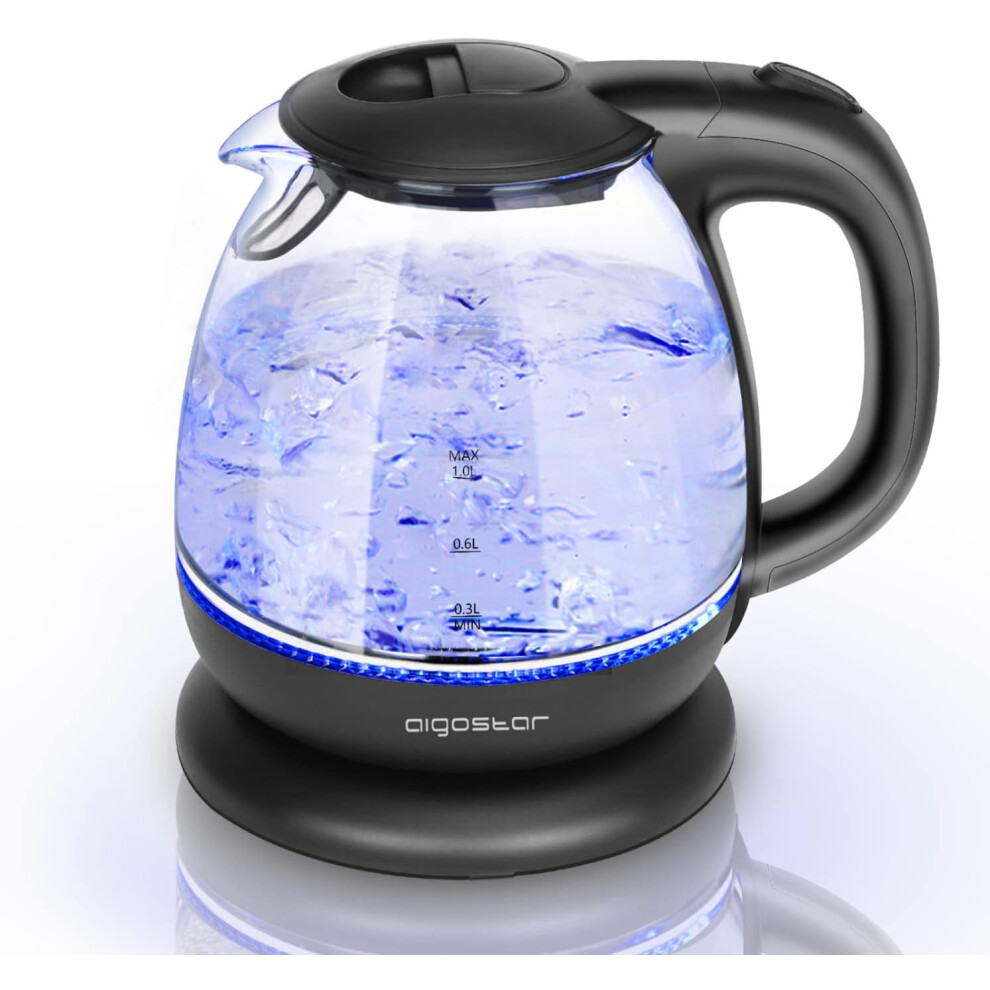 Small Electric Kettle, 1.0L Black Glass Kettle Cordless, Compact Mini Clear Water Tea Kettle Fast Quiet Boil for Kitchen Bedroom Office, 2200W