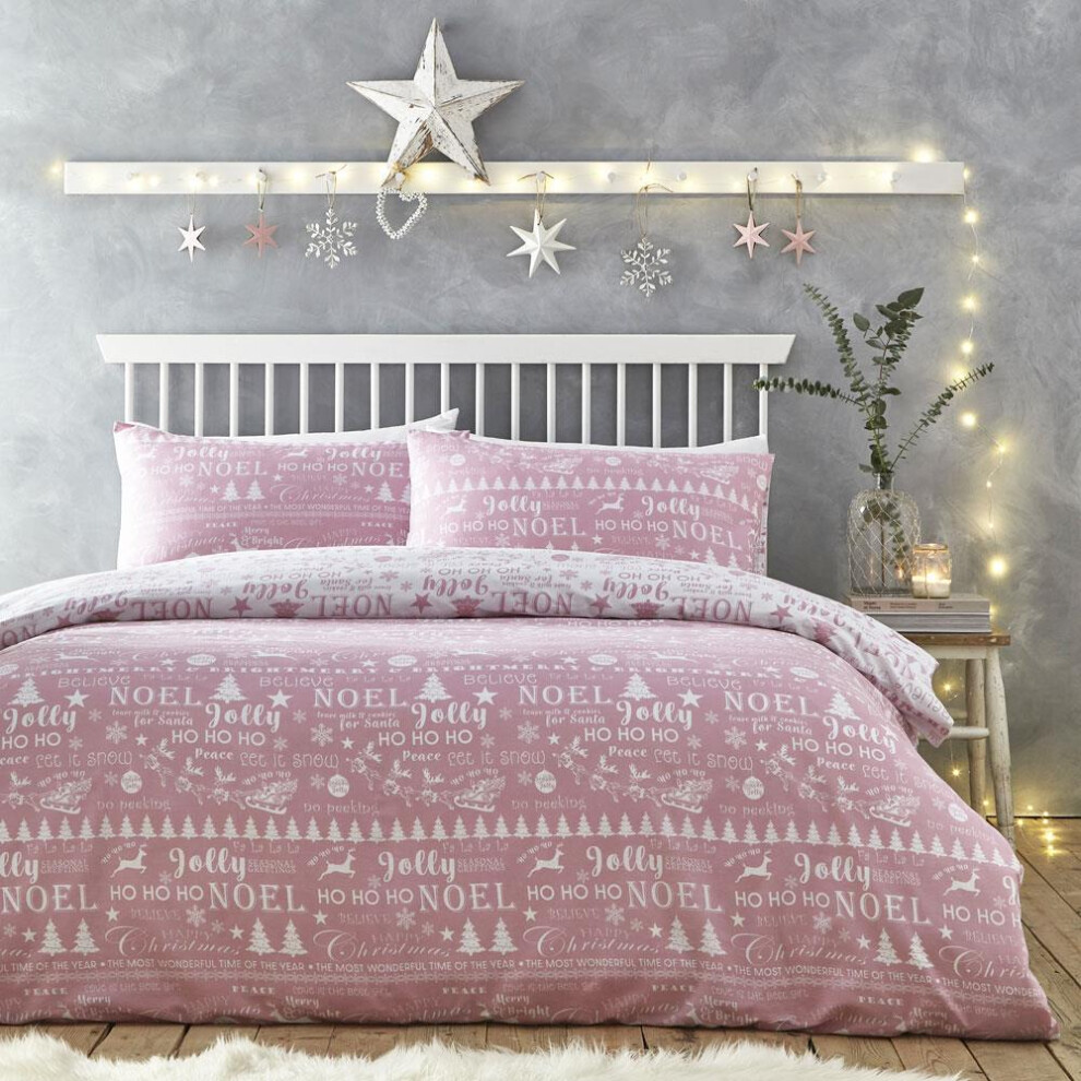 (Super King) Christmas Duvet Set Pink Reversible Bedding