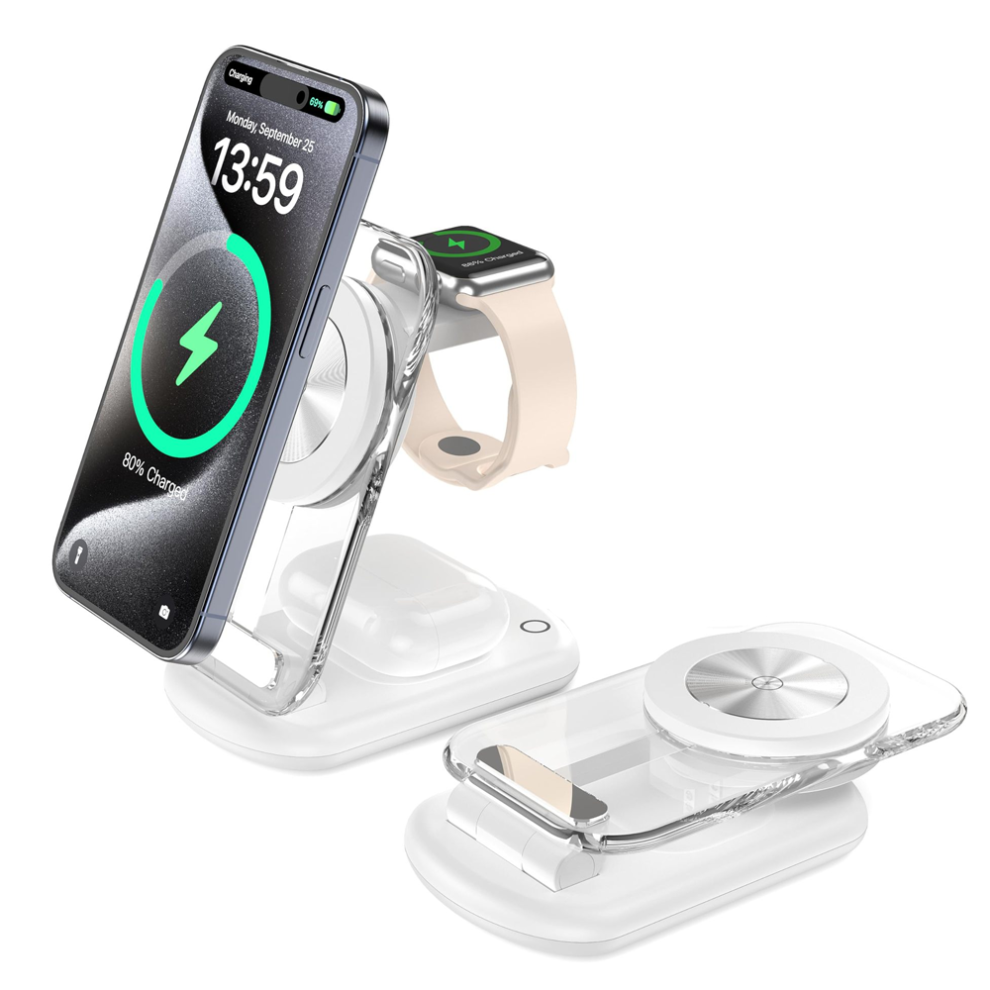 Chronus Wireless Charger, 3 In 1 Foldable Mag Safe Charger, Angle Adjustable, For Phone, Iwatch, Wireless Earphones, 3 Devices Simultaneously(White) White 6976918007315