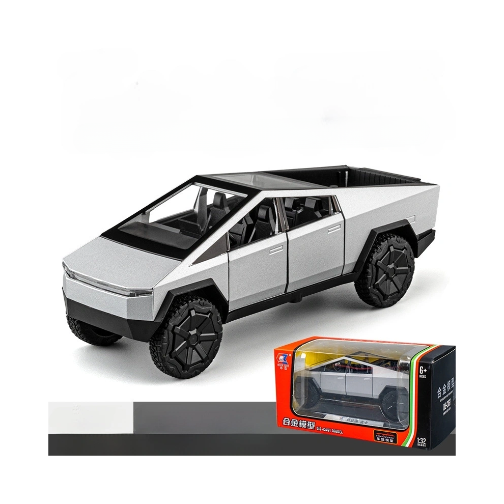 Veishet (Silver) 132 Scale Tesla Cybertruck Pickup Model Car Toy Metal Diecast Lights Sound Gift