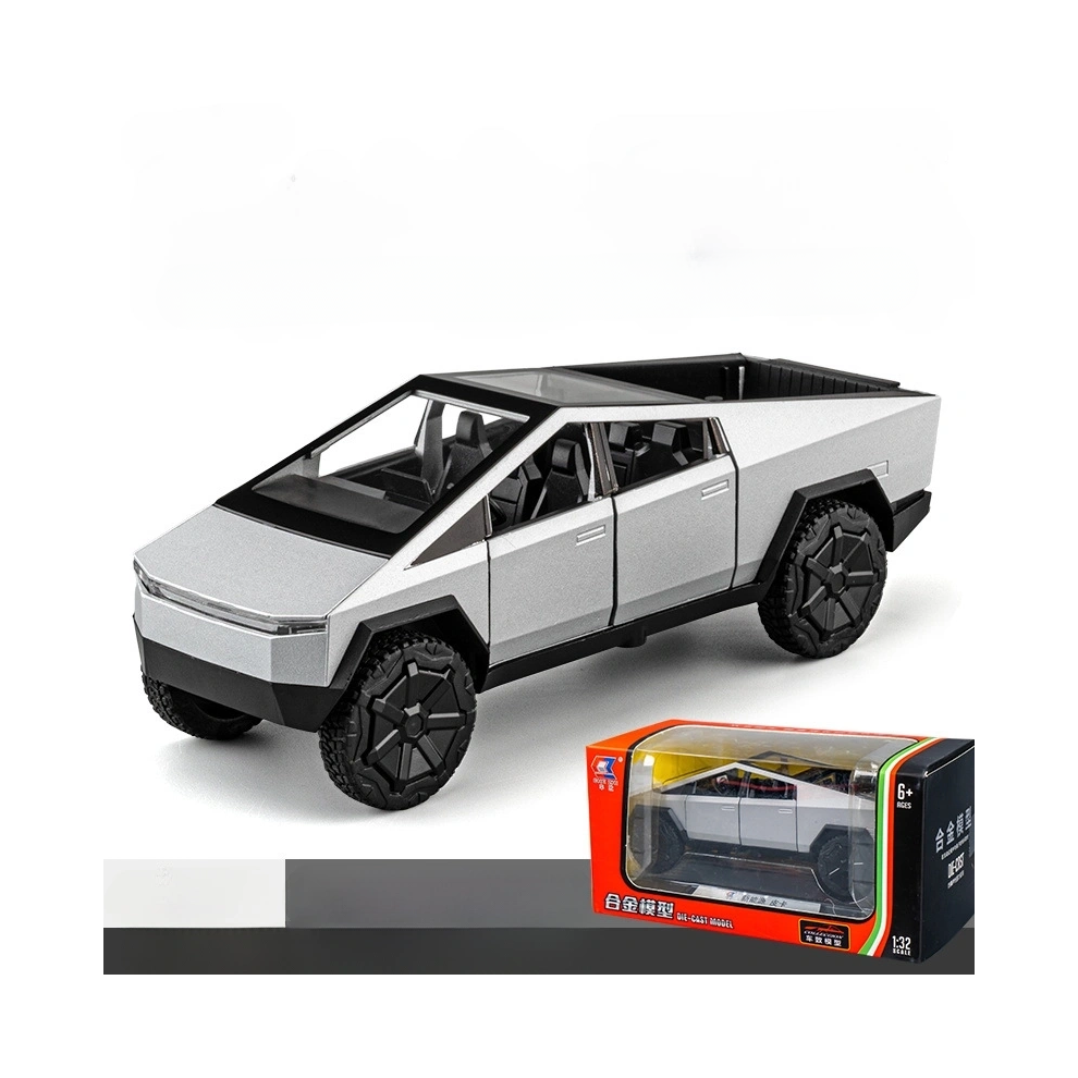 (Silver) 132 Scale Tesla Cybertruck Pickup Model Car Toy Metal Diecast Lights Sound Gift