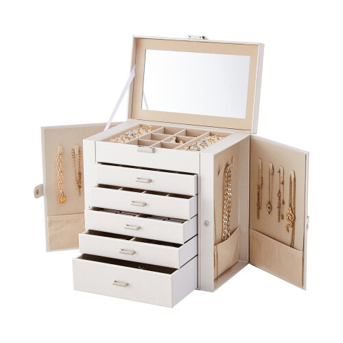 Living And Home White Large Jewellery Box with Drawers and Mirror