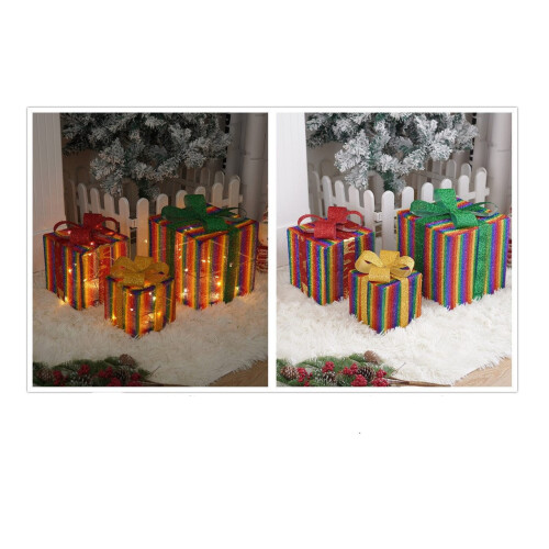 (Rainbow) 3PCS Christmas Gift Box Decoration Light Up LED Presents Ornaments