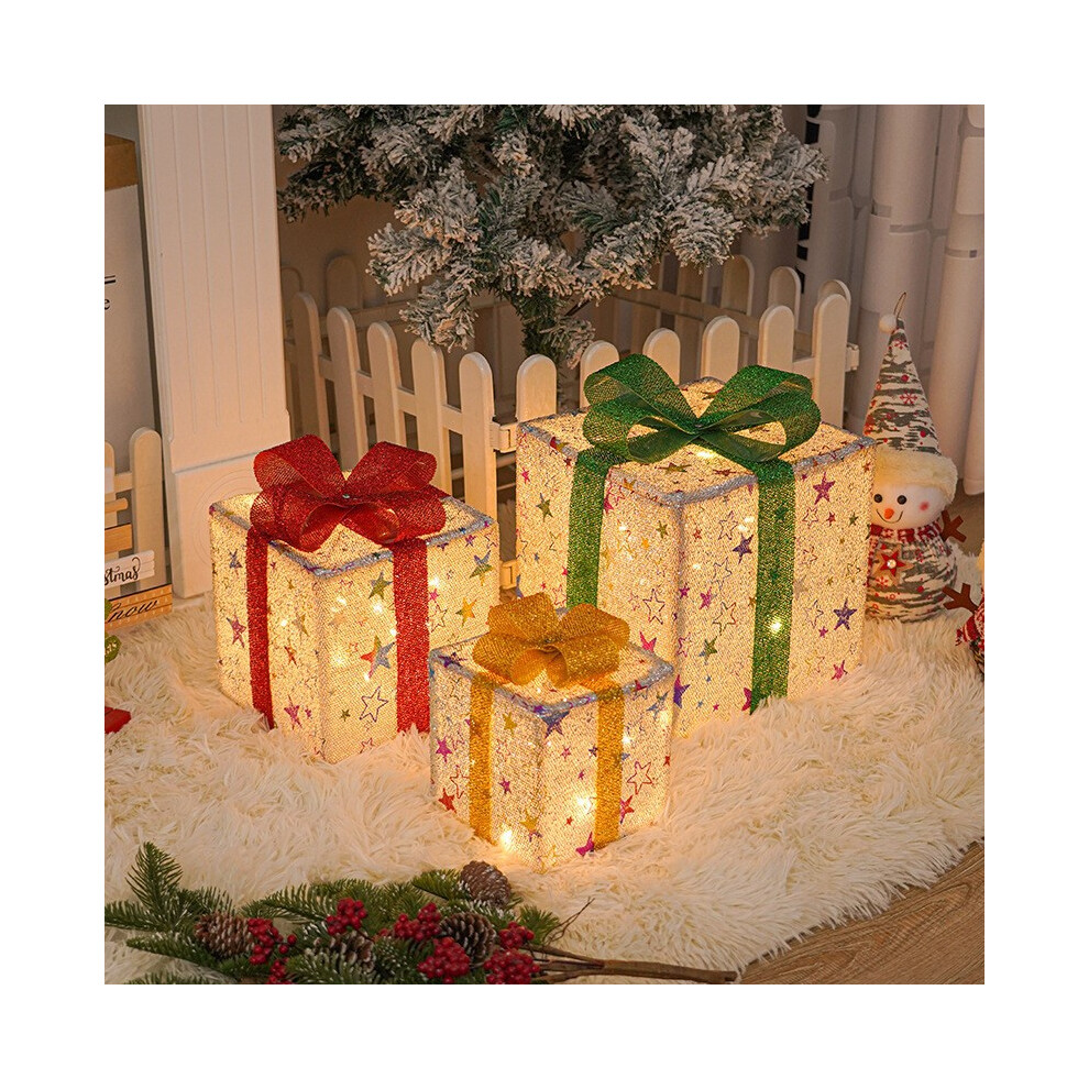 (Silver Star) 3PCS Christmas Gift Box Decoration Light Up LED Presents Ornaments