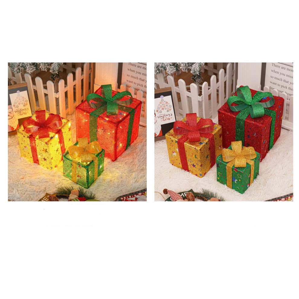 (Tricolor Color Star) 3PCS Christmas Gift Box Decoration Light Up LED Presents Ornaments