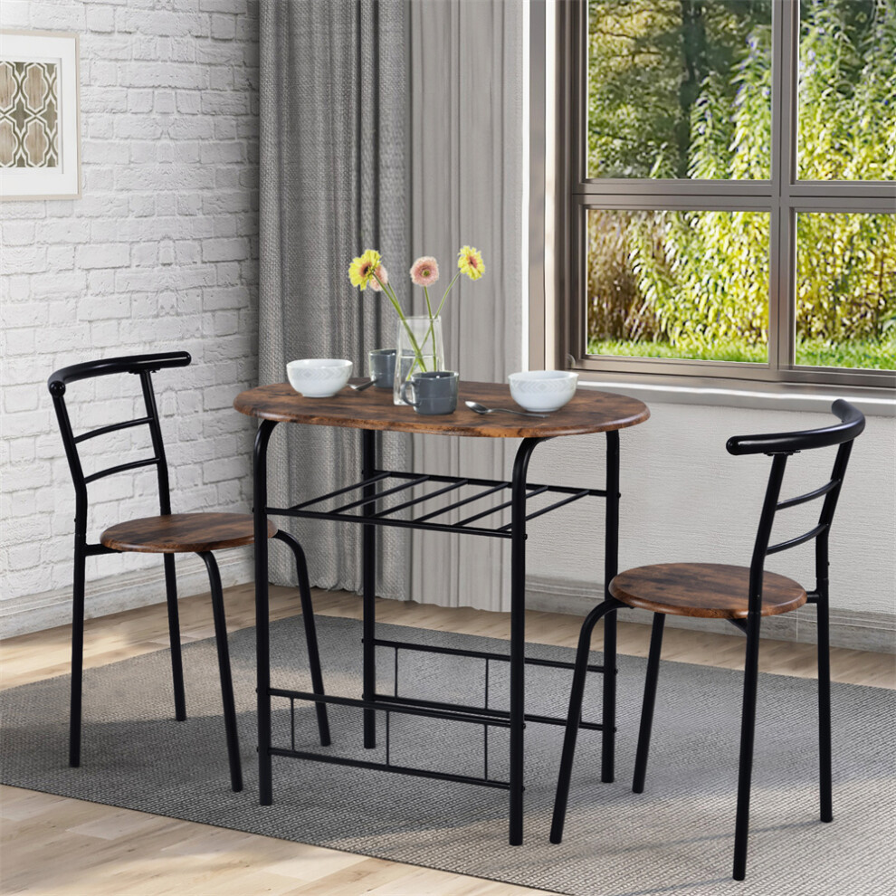 (Brown, Compact Space Wooden Steel Frame ) 3-Piece Dining Table & Chair Set for Kitchen